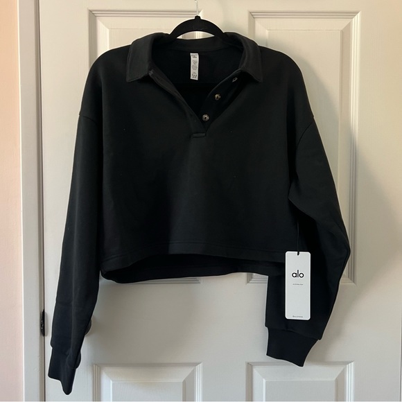 NWT ALO Yoga cropped Polo Henley pullover sweatshirt in black, small - Picture 6 of 12
